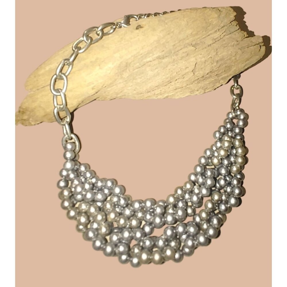 Vintage Large Statement Multi Strand Silver Round Pearl Necklace  Chain Clasp